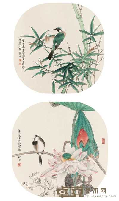 任重 2002年作 平安白头/夏荷（二幅） 镜心 35×35cm×2